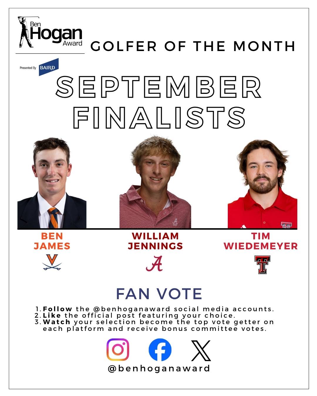Ben Hogan Award Announces September Golfer of the Month Finalists